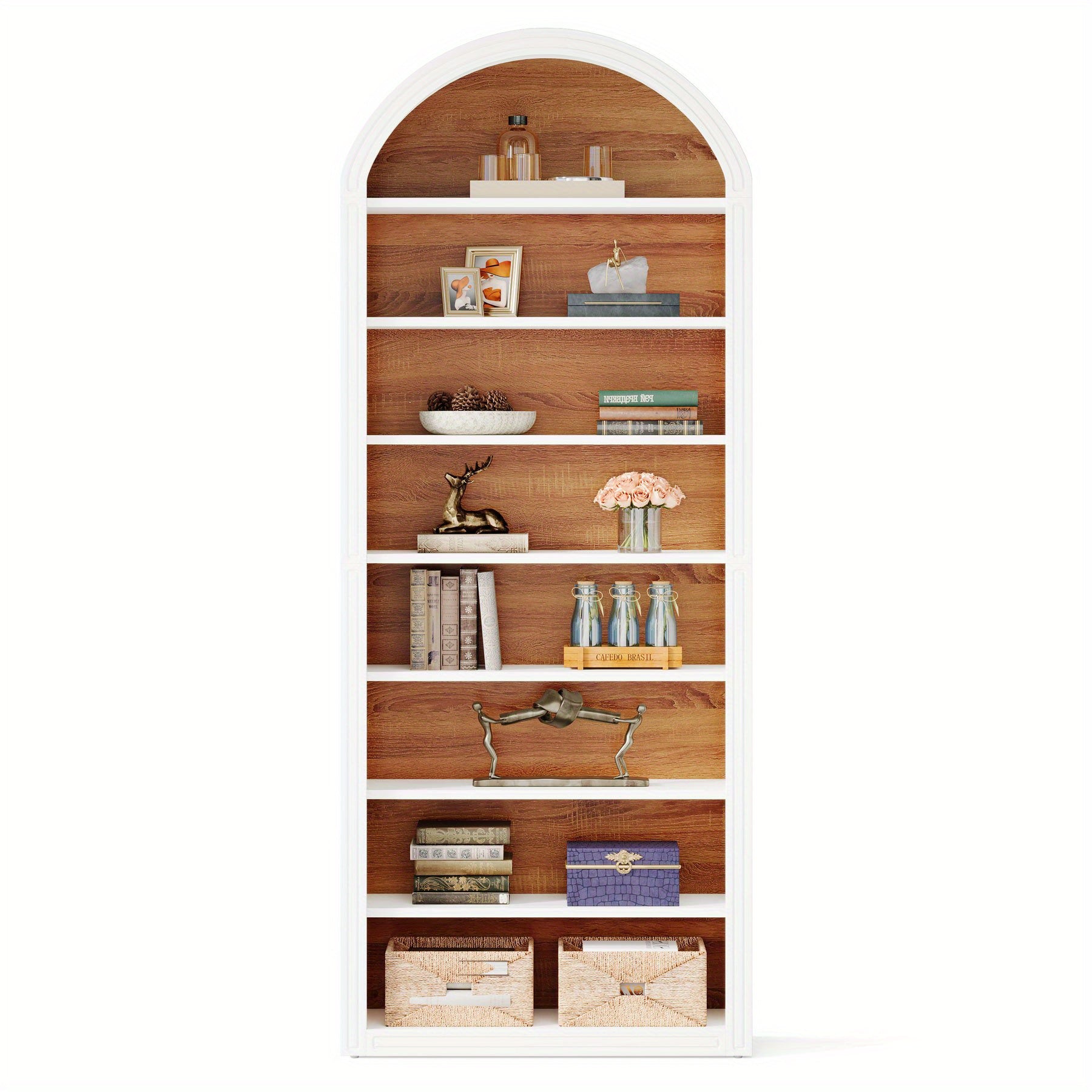 198cm Bookshelf Wooden Arched Bookcase Display Rack Wall Anchor Kit Prevents Tipping - White / 31.5’’W x 11.81’’D x