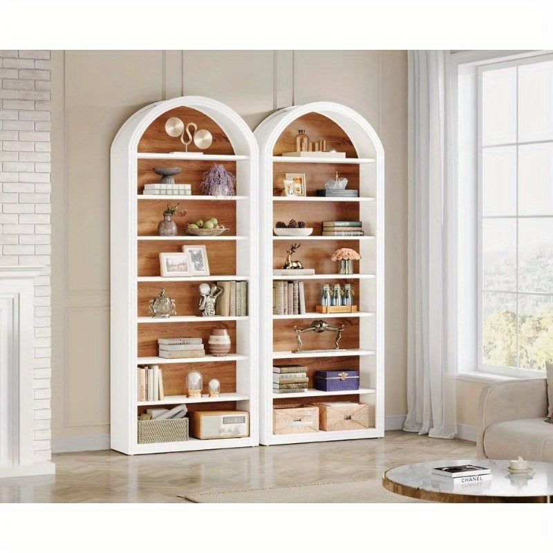 198cm Bookshelf Wooden Arched Bookcase Display Rack Wall Anchor Kit Prevents Tipping - White / 31.5’’W x 11.81’’D x