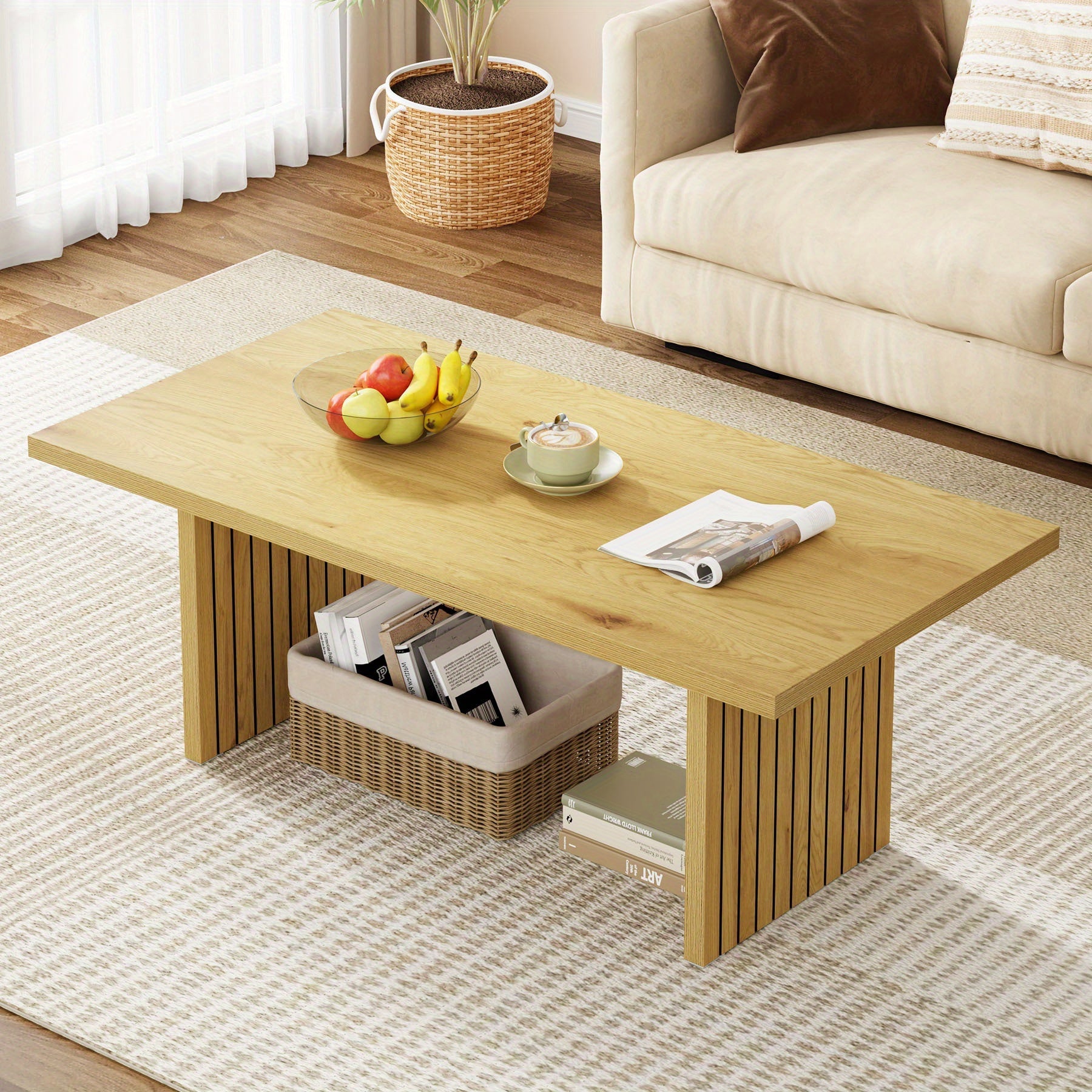 47 Inch Wooden Coffee Table, Farmhouse Center Table Cocktail Table