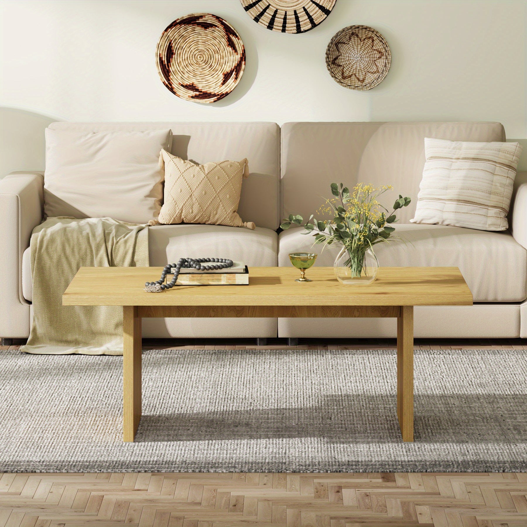 47 Inch Wooden Coffee Table, Farmhouse Center Table Cocktail Table