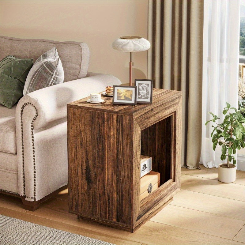 25 Inch Solid Wood Side Table, Square Side Table, Bedside Table with Storage Function