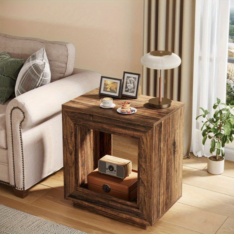 25 Inch Solid Wood Side Table, Square Side Table, Bedside Table with Storage Function