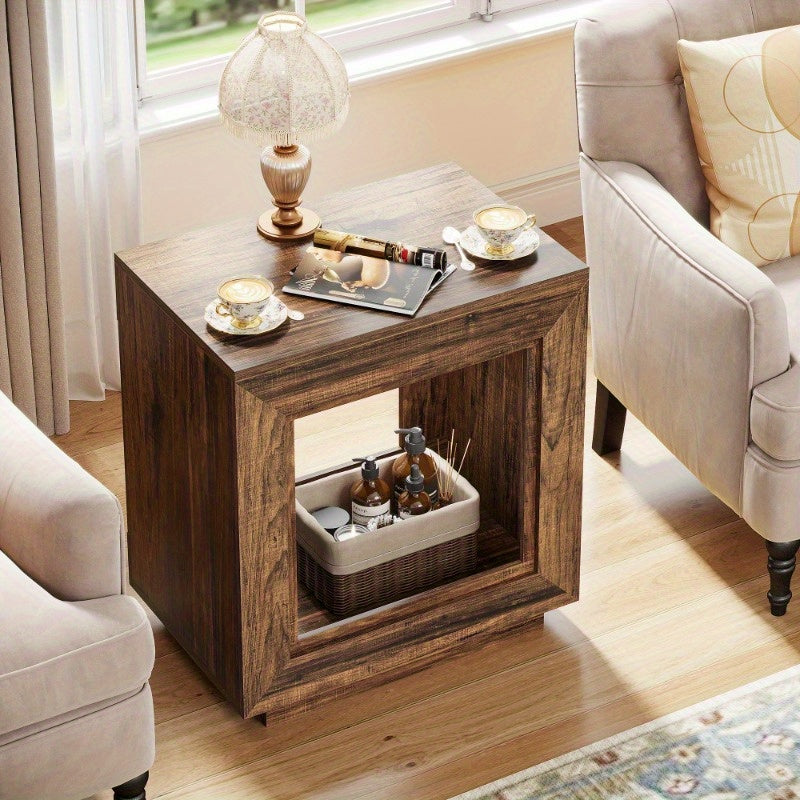 25 Inch Solid Wood Side Table, Square Side Table, Bedside Table with Storage Function