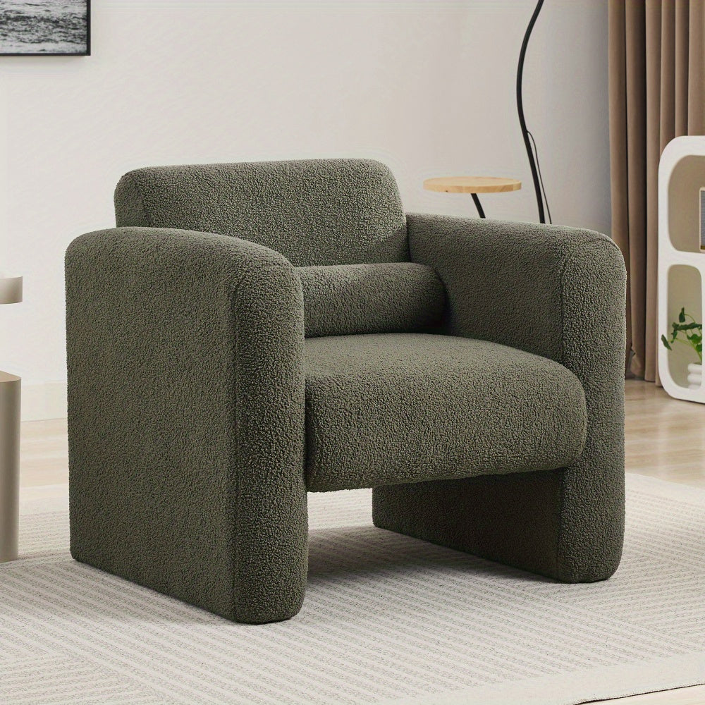 Blue Wood Modern Accent Chair Lambskin Sherpa Fabric Upholstered Comfy Reading Arm Chair Soft Padded Armchair with Back and Pillow for Living Room Bedroom Reception Waiting Room Office, Seaweed Green