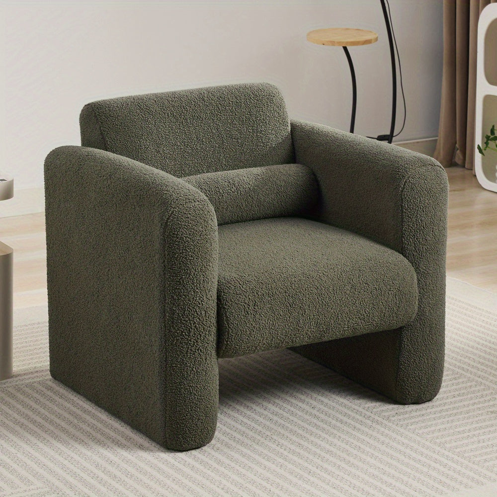 Blue Wood Modern Accent Chair Lambskin Sherpa Fabric Upholstered Comfy Reading Arm Chair Soft Padded Armchair with Back and Pillow for Living Room Bedroom Reception Waiting Room Office, Seaweed Green