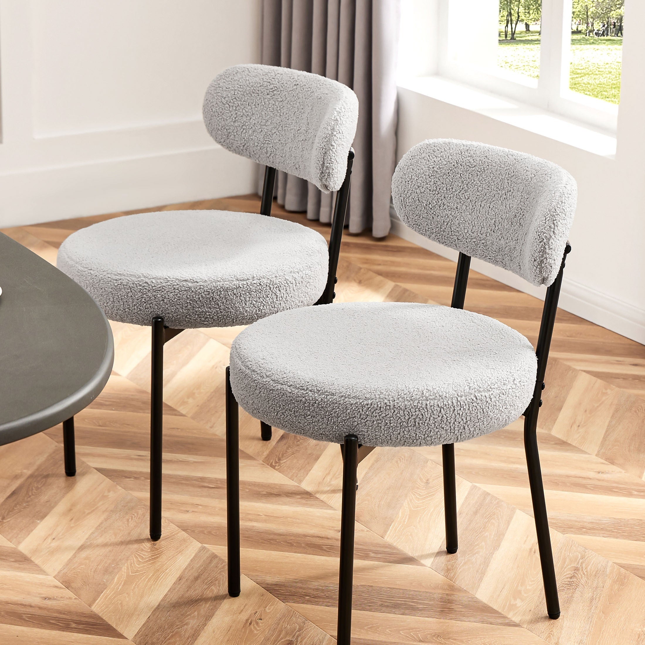 Dining Chairs Set, Boucle Upholstered Kitchen Chairs with Curved Backrest & Metal Legs, Mid Century Modern Round Dining Room Chairs for Vanity, Living Room