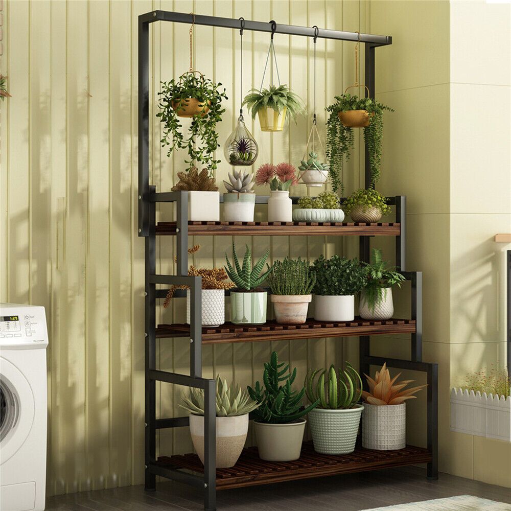 Metal 3-Tier Shelf Stand for Flower Pots, Indoor Outdoor Garden Display Rack with Kickstand Base