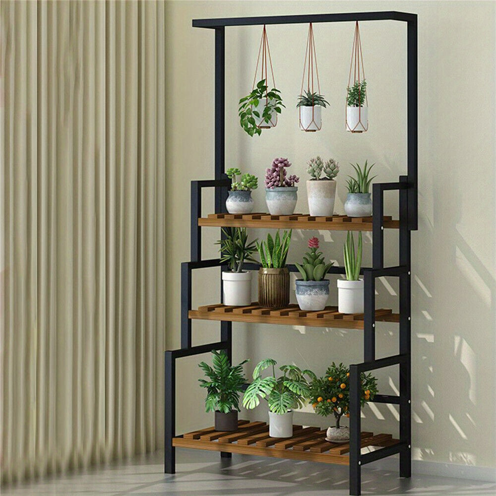 Metal 3-Tier Shelf Stand for Flower Pots, Indoor Outdoor Garden Display Rack with Kickstand Base