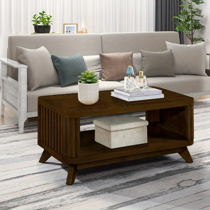 Rectangular Wood Coffee Table for Living Room, 41.5-Inch Coffee Table with Solid Wood Legs, Wood Center Table Tea Table with Open Storage Shelf. Easy Assembly, Walnut