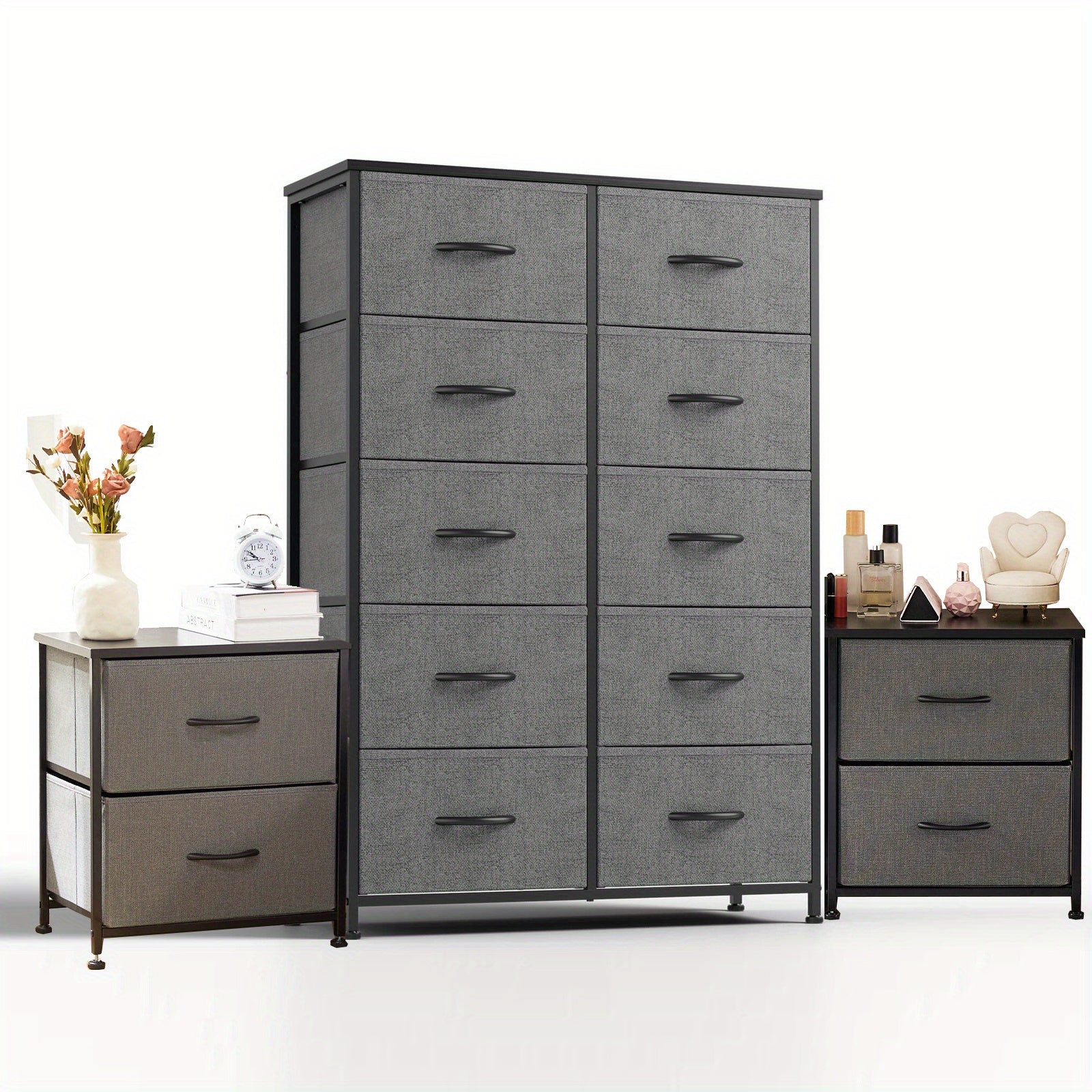 10 Drawer Storage Cabinet And 2-drawer Bedside Table, Single Item And Combination, Sturdy Wooden Top And Metal Frame, Sturdy And Durable, Suitable For Home Storage And Office Storage