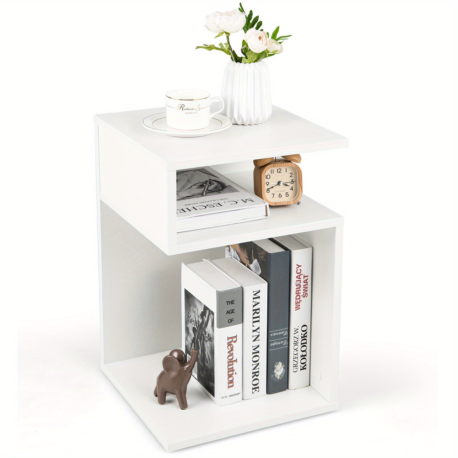 S-Shaped Side Table for Small Space Sofa End Table with 2 Open Compartments Modern Nightstand for Living Room Bedroom &