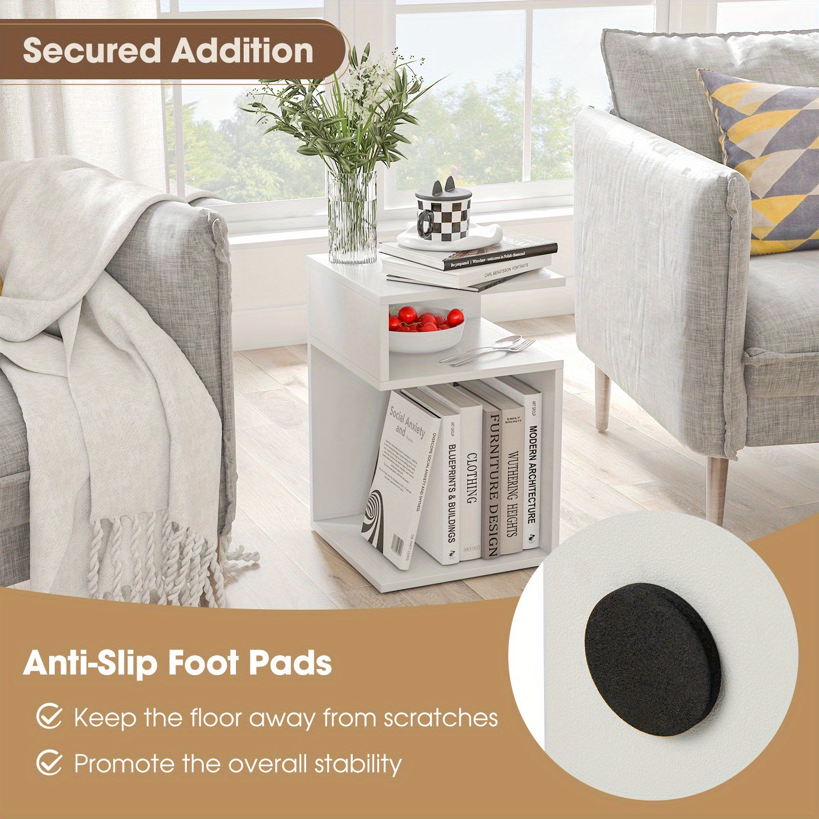 S-Shaped Side Table for Small Space Sofa End Table with 2 Open Compartments Modern Nightstand for Living Room Bedroom &