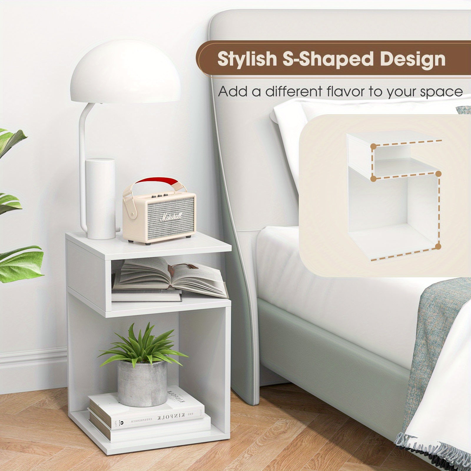 S-Shaped Side Table for Small Space Sofa End Table with 2 Open Compartments Modern Nightstand for Living Room Bedroom &