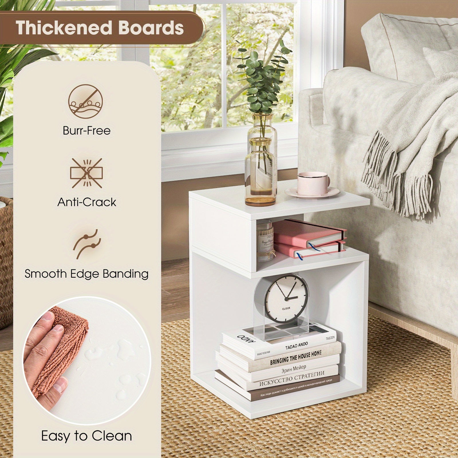 S-Shaped Side Table for Small Space Sofa End Table with 2 Open Compartments Modern Nightstand for Living Room Bedroom &