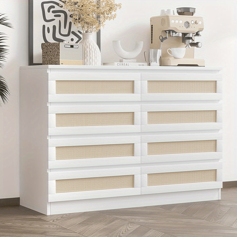 8 Drawer Double Dresser with Rattan Chest of Drawers Wooden Chest Beside Table for Wardrobe Nursery Living Room and Entryway