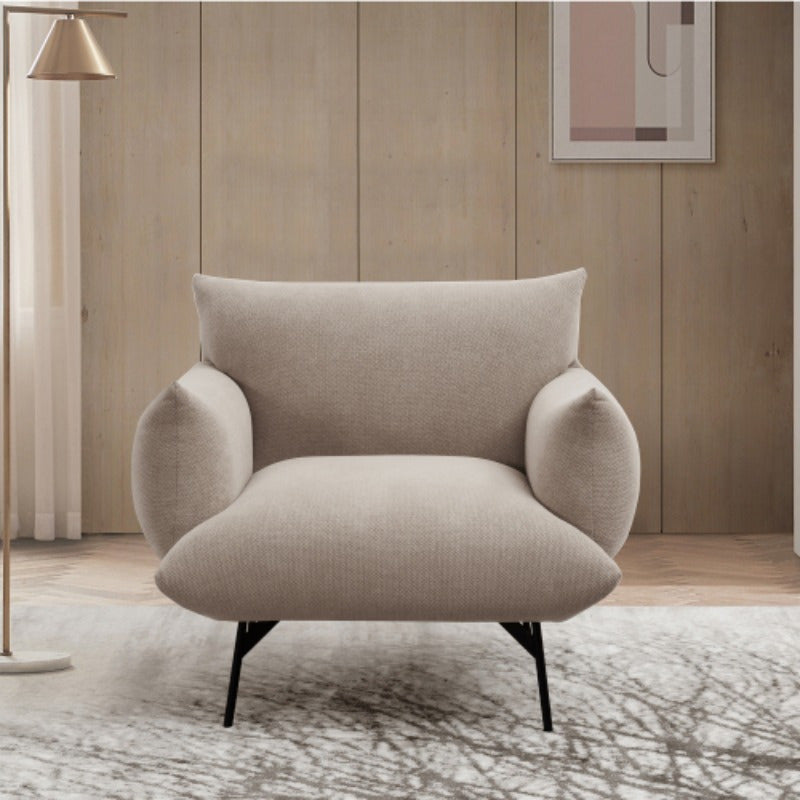 36" Modern Accent Upholstered Armchair, Beige Flannelette Fabric Reading Chair, Originality of Shapes And Black Metal Legs Single Sofa for Bedroom, Apartment, Office, Lounge.