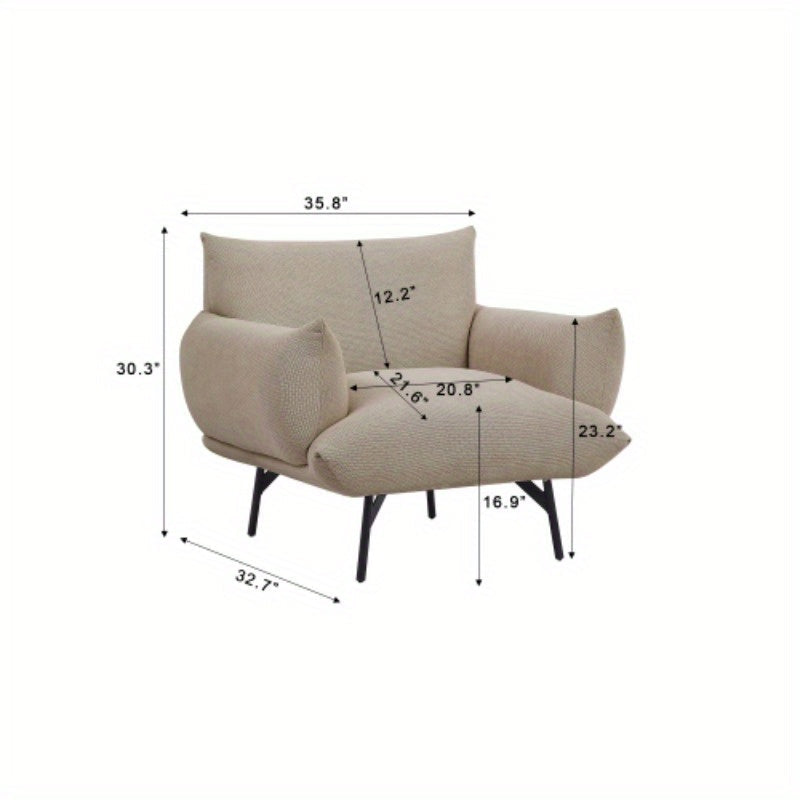 36" Modern Accent Upholstered Armchair, Beige Flannelette Fabric Reading Chair, Originality of Shapes And Black Metal Legs Single Sofa for Bedroom, Apartment, Office, Lounge.