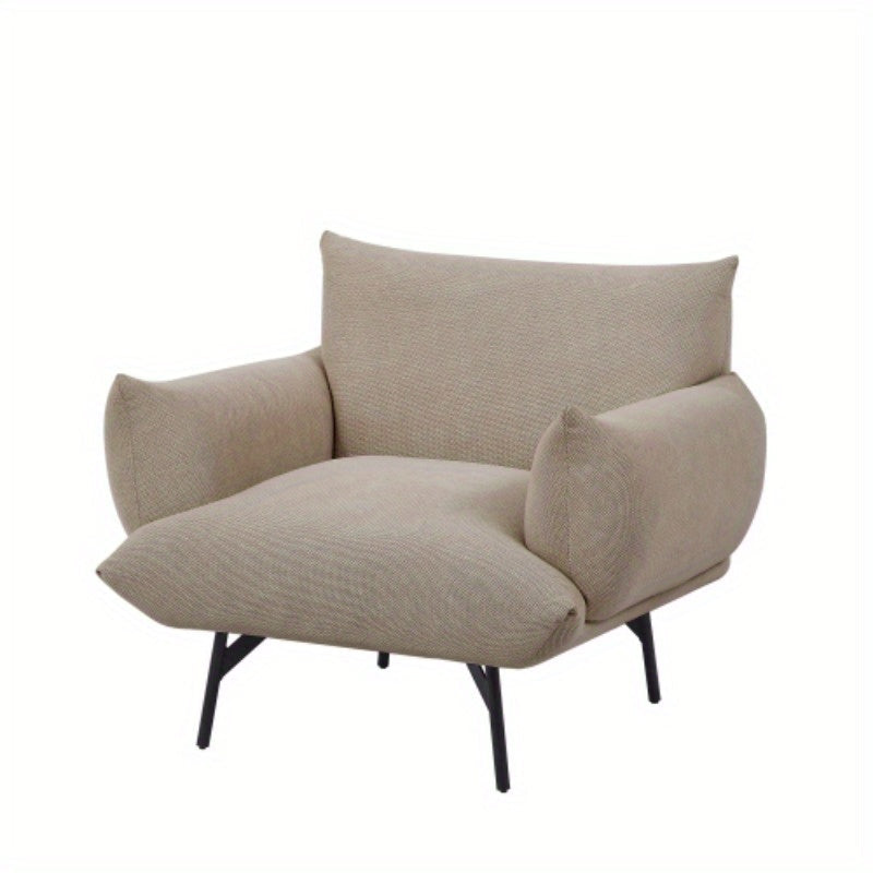 36" Modern Accent Upholstered Armchair, Beige Flannelette Fabric Reading Chair, Originality of Shapes And Black Metal Legs Single Sofa for Bedroom, Apartment, Office, Lounge.