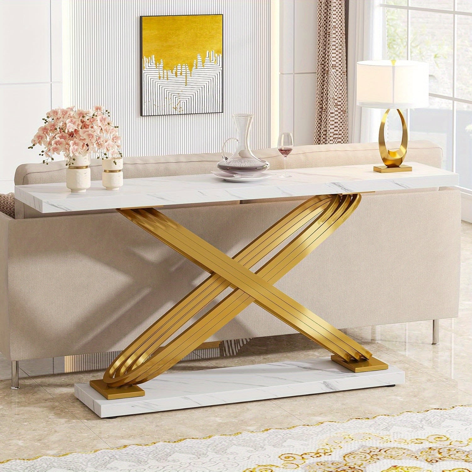 55 Inch Modern Console Table, Faux Marble Gold Entryway Table Behind Sofa Couch, Narrow Rectangular Sofa Table for Living Room, Bedroom, Front Hall, Hallway, Gold & White