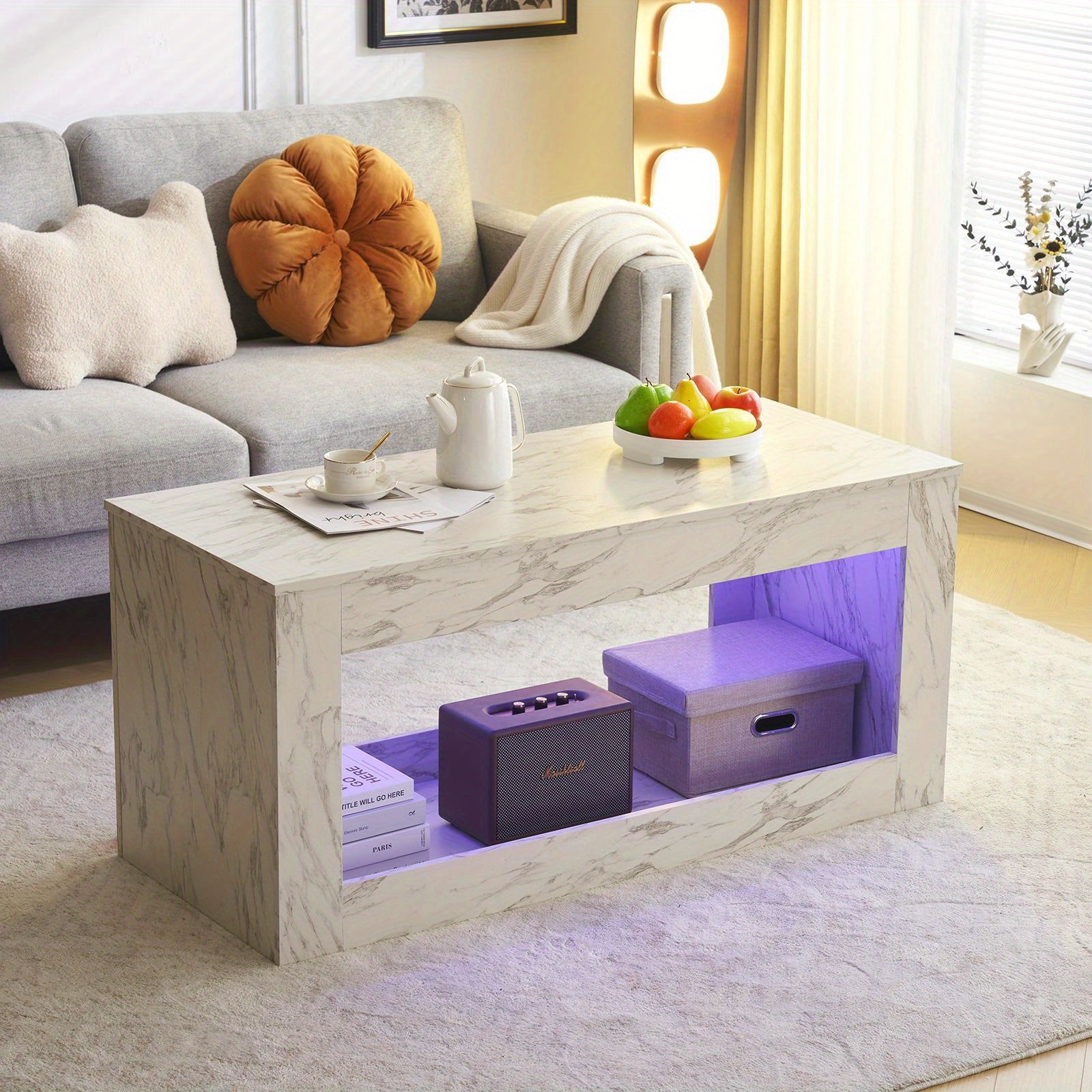 Stylish Coffee Table with Faux Marble Finish High Gloss Open Storage for Living Room