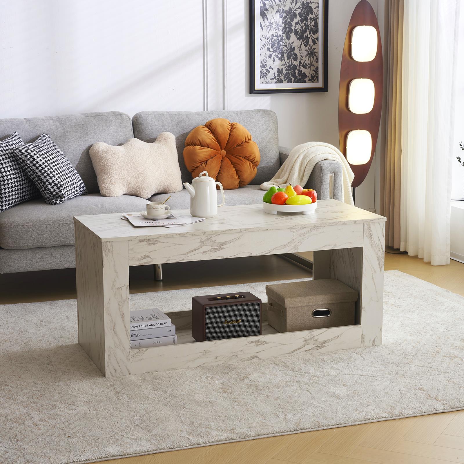 Stylish Coffee Table with Faux Marble Finish High Gloss Open Storage for Living Room