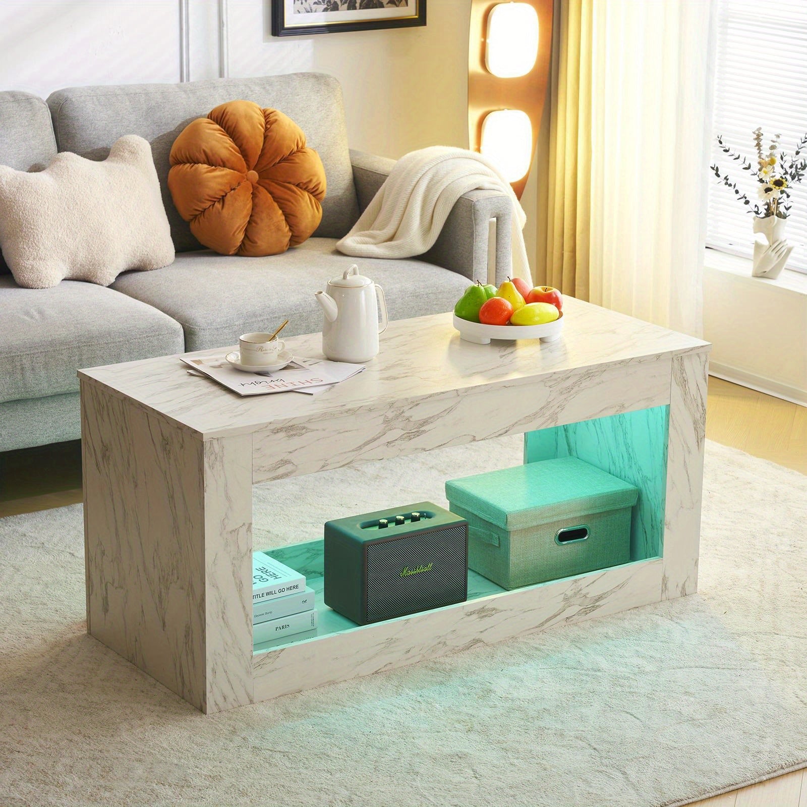 Stylish Coffee Table with Faux Marble Finish High Gloss Open Storage for Living Room