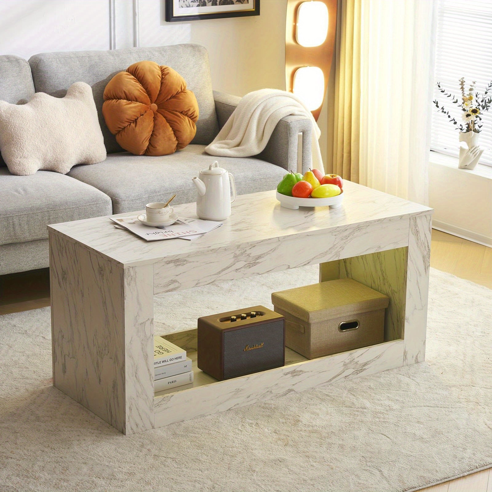 Stylish Coffee Table with Faux Marble Finish High Gloss Open Storage for Living Room