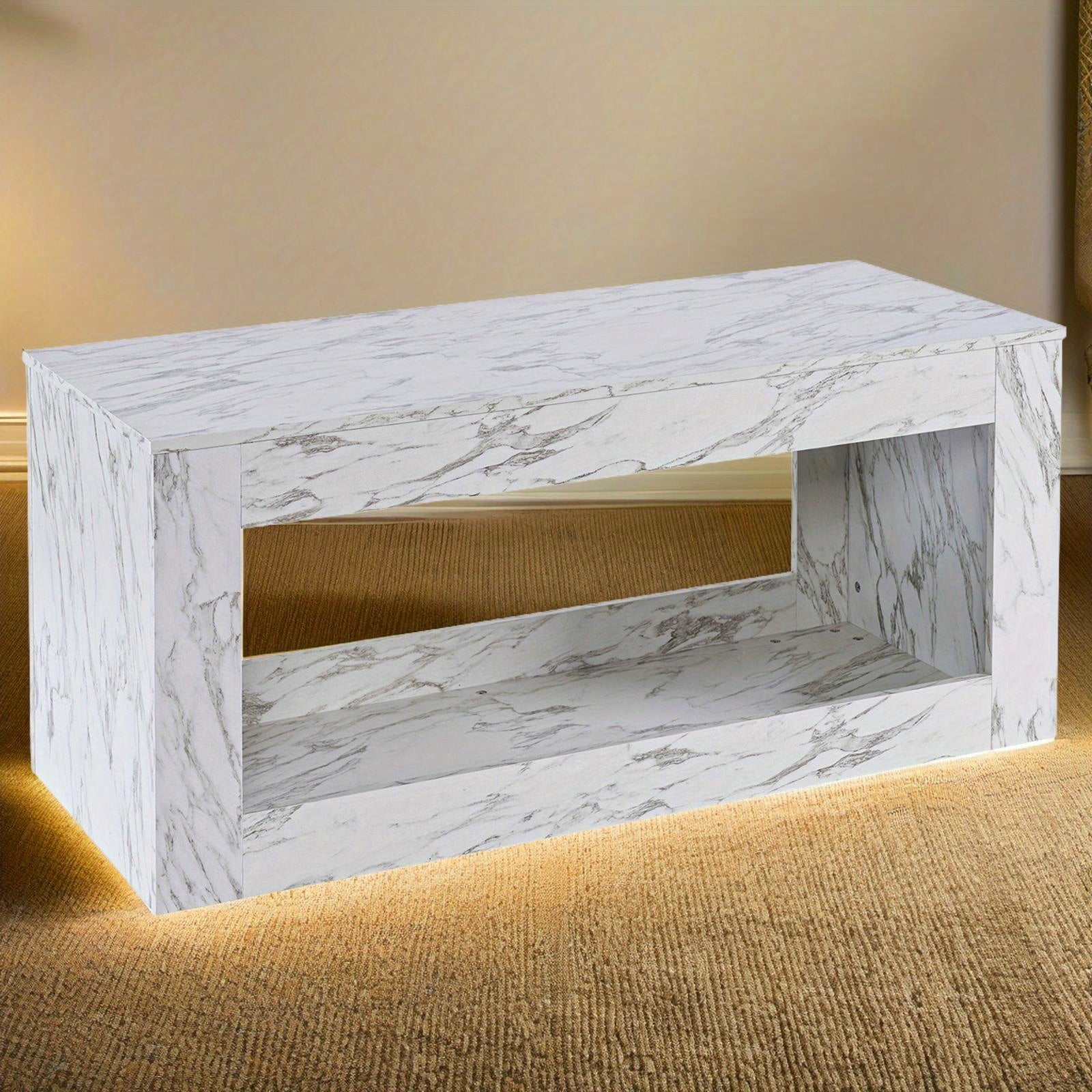 Stylish Coffee Table with Faux Marble Finish High Gloss Open Storage for Living Room