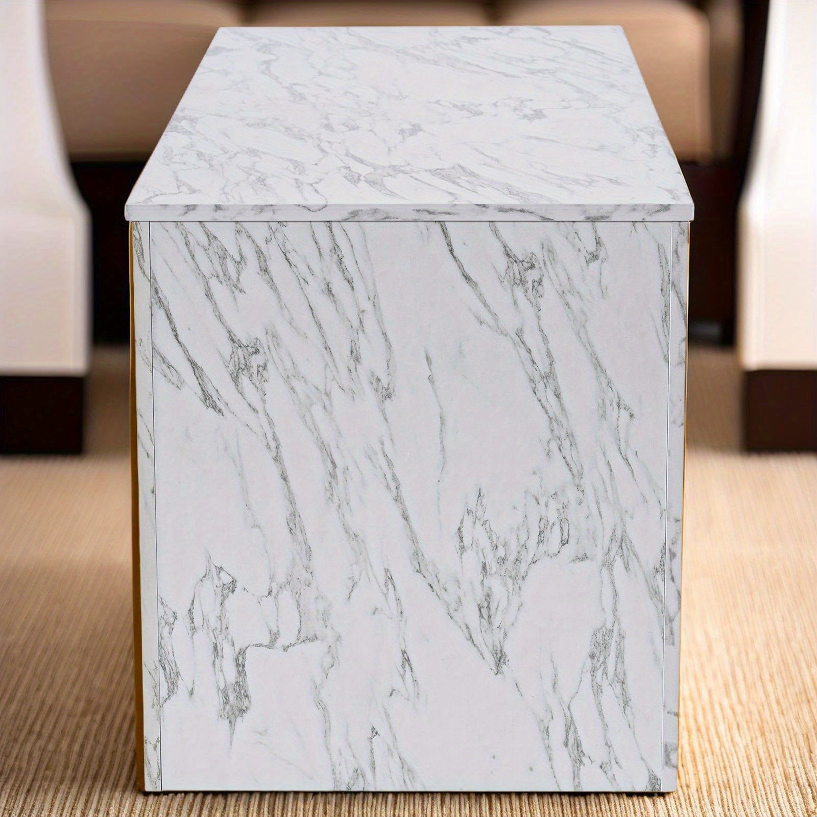 Stylish Coffee Table with Faux Marble Finish High Gloss Open Storage for Living Room