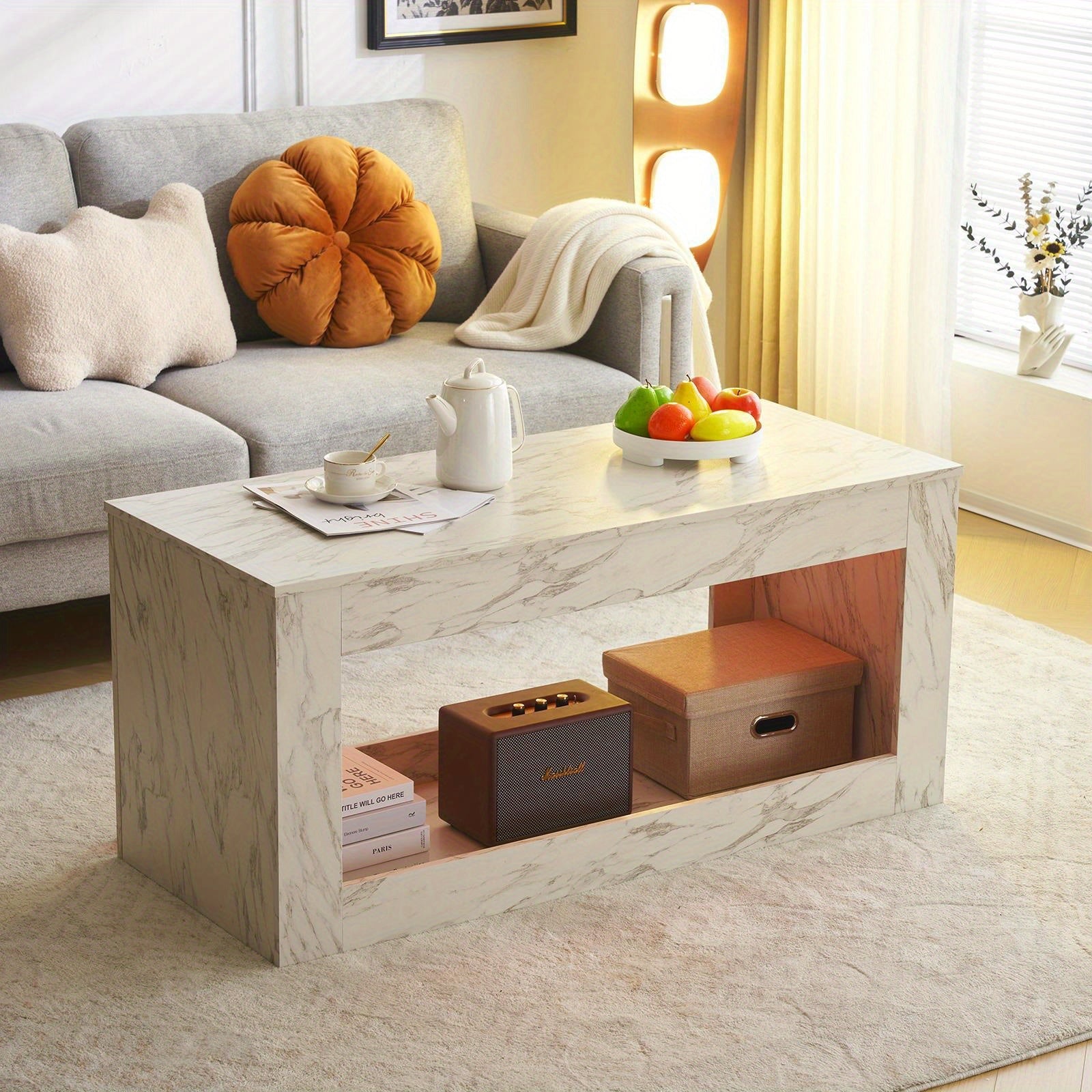 Stylish Coffee Table with Faux Marble Finish High Gloss Open Storage for Living Room