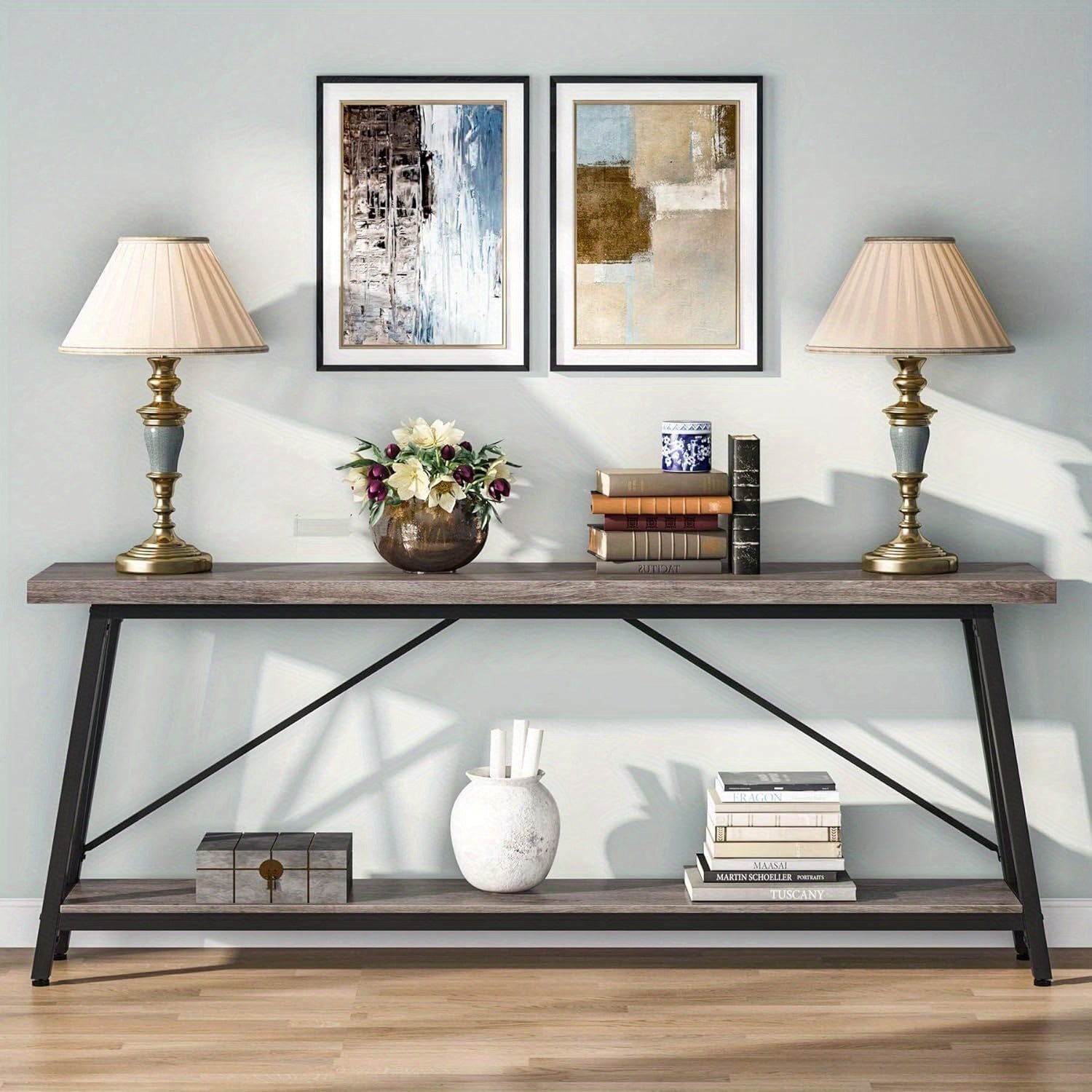 1pc Contemporary Extra Long Sofa Table, Space-Saving Hardwood Console with Leg Base for Hallway, Entryway & Living Room - No Electricity Needed