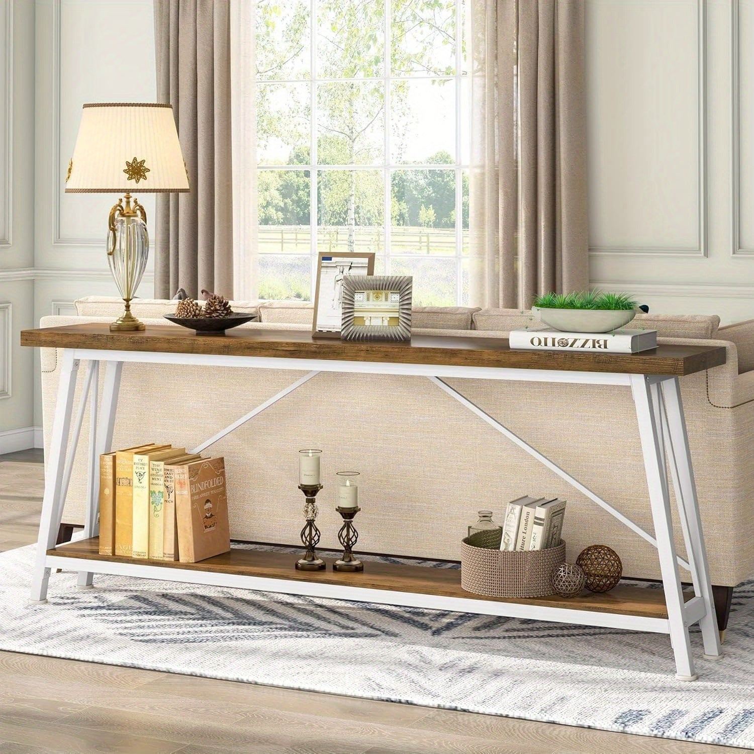 1pc Contemporary Extra Long Sofa Table, Space-Saving Hardwood Console with Leg Base for Hallway, Entryway & Living Room - No Electricity Needed