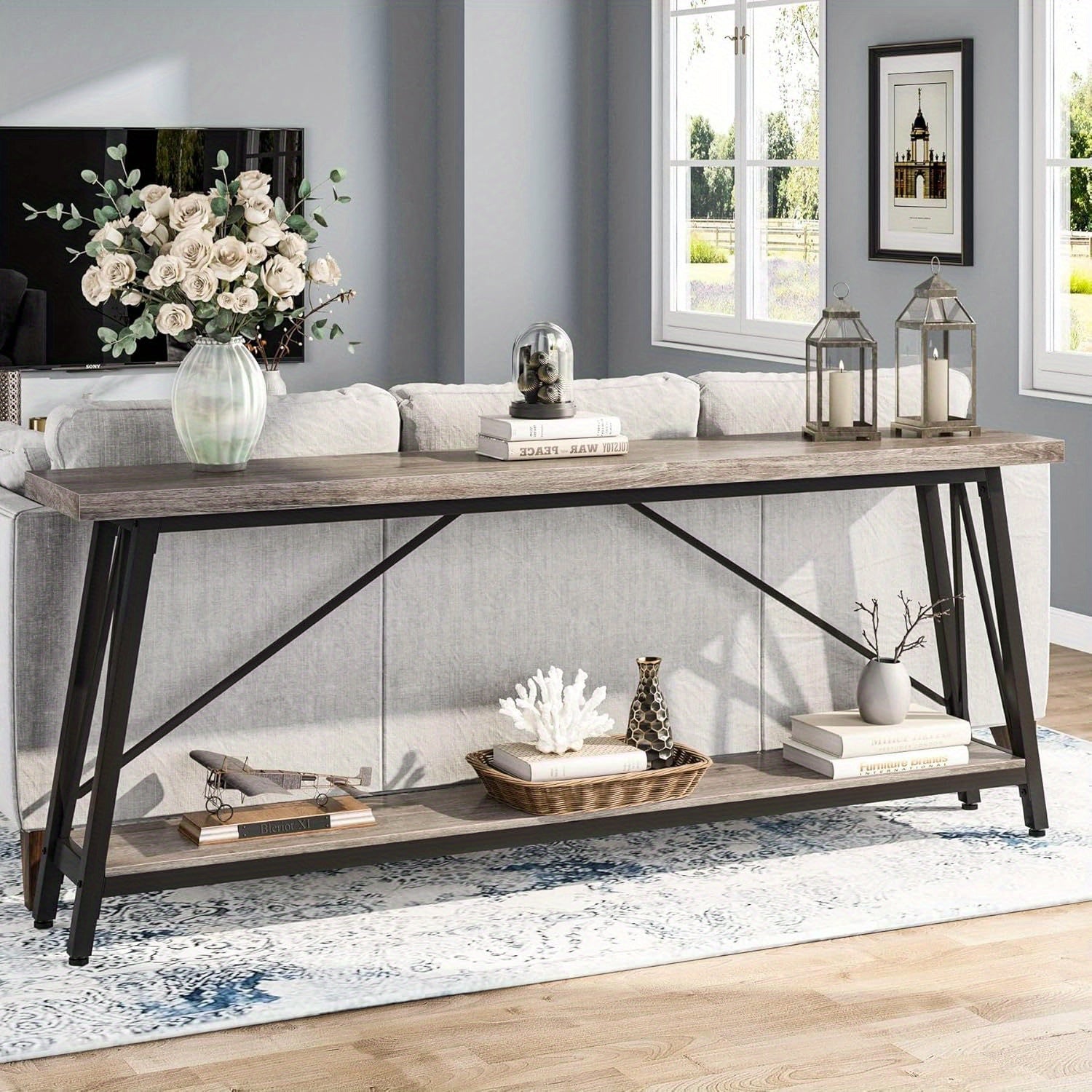 1pc Contemporary Extra Long Sofa Table, Space-Saving Hardwood Console with Leg Base for Hallway, Entryway & Living Room - No Electricity Needed