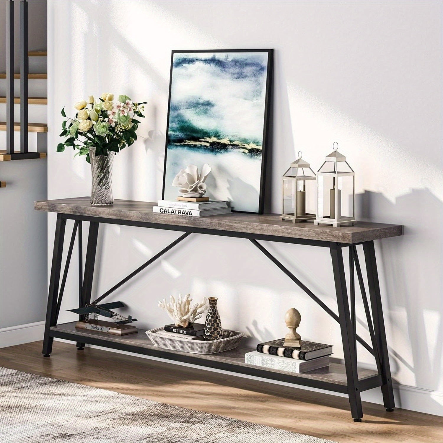 1pc Contemporary Extra Long Sofa Table, Space-Saving Hardwood Console with Leg Base for Hallway, Entryway & Living Room - No Electricity Needed