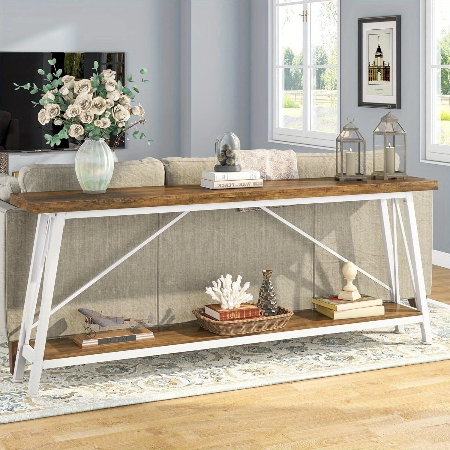 1pc Contemporary Extra Long Sofa Table, Space-Saving Hardwood Console with Leg Base for Hallway, Entryway & Living Room - No Electricity Needed