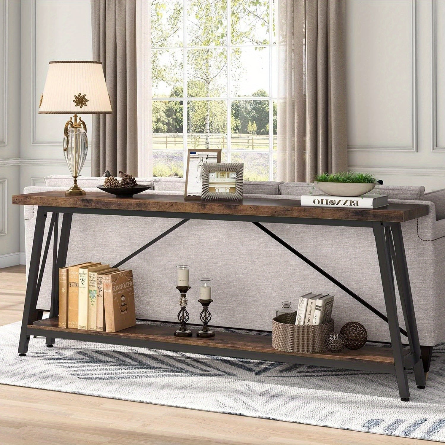 1pc Contemporary Extra Long Sofa Table, Space-Saving Hardwood Console with Leg Base for Hallway, Entryway & Living Room - No Electricity Needed