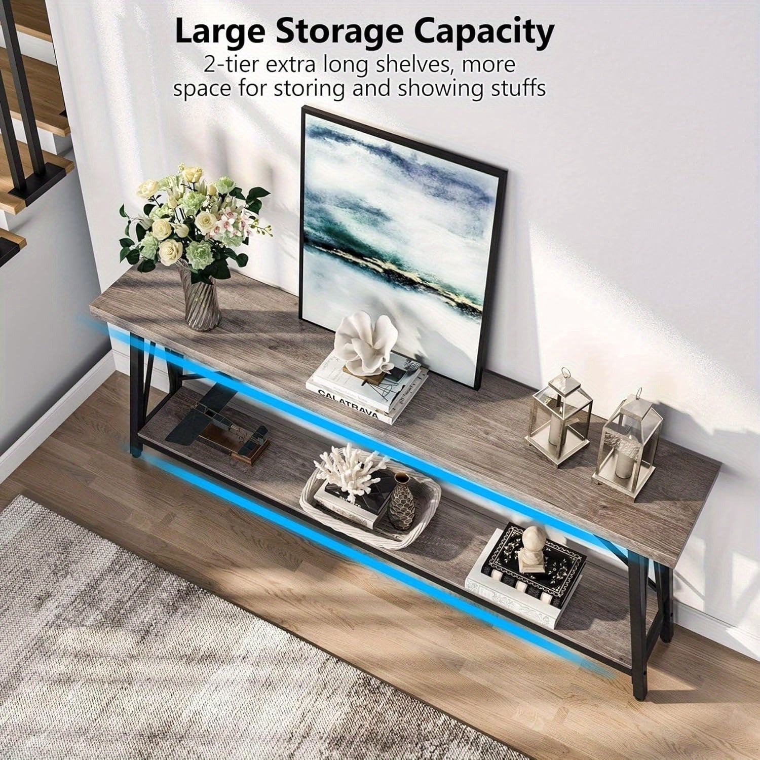 1pc Contemporary Extra Long Sofa Table, Space-Saving Hardwood Console with Leg Base for Hallway, Entryway & Living Room - No Electricity Needed