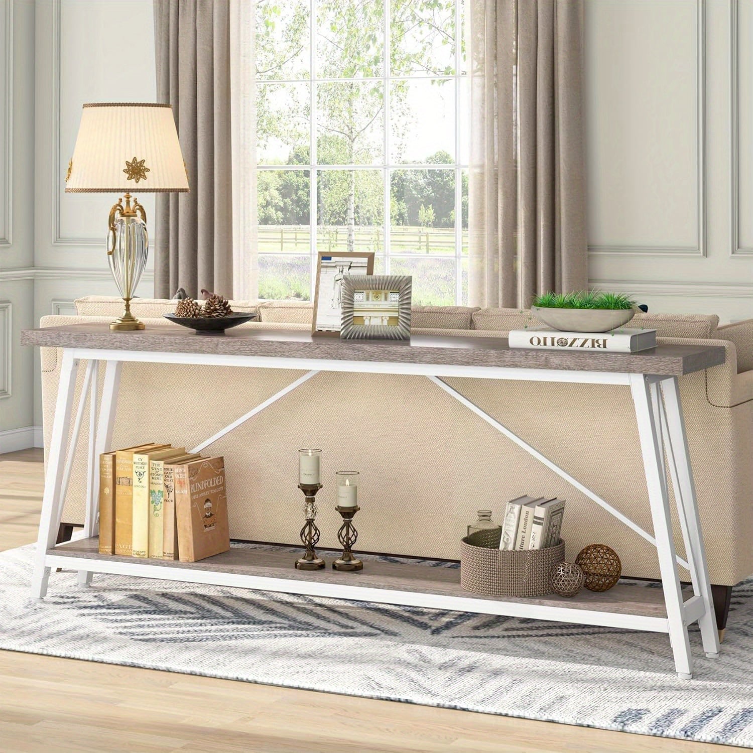 1pc Contemporary Extra Long Sofa Table, Space-Saving Hardwood Console with Leg Base for Hallway, Entryway & Living Room - No Electricity Needed