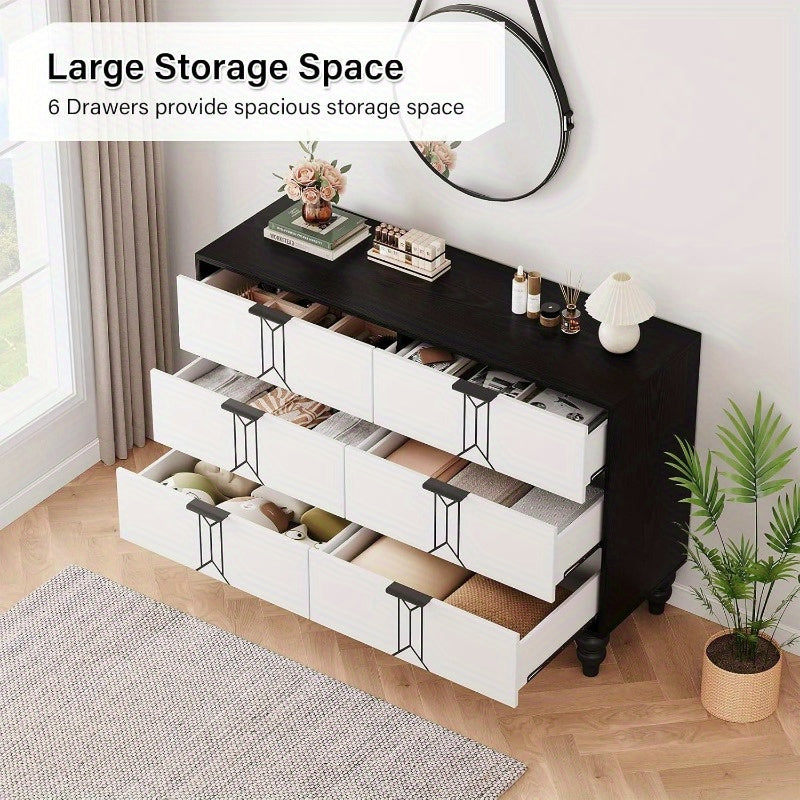 Vintage Style 6-Drawer Dresser, Modern Black and White Chest with Deep Storage for Bedroom, Living Room and Entryway