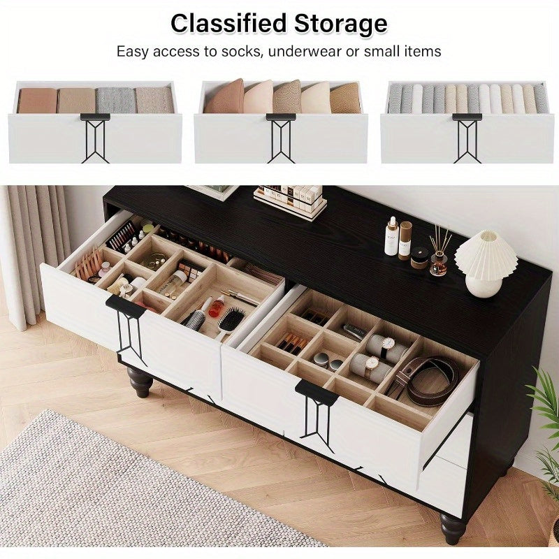 Vintage Style 6-Drawer Dresser, Modern Black and White Chest with Deep Storage for Bedroom, Living Room and Entryway