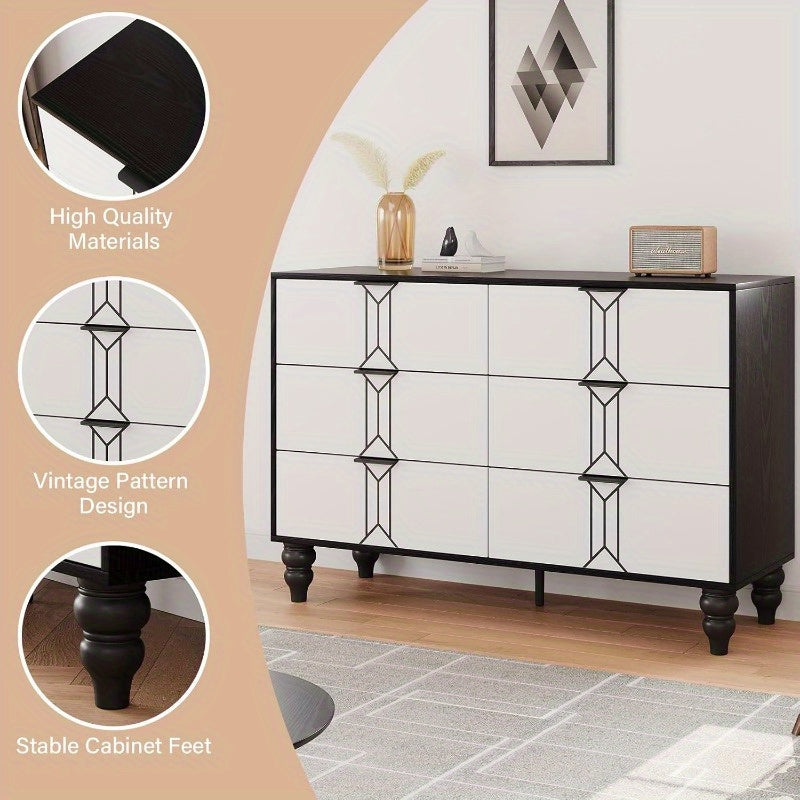 Vintage Style 6-Drawer Dresser, Modern Black and White Chest with Deep Storage for Bedroom, Living Room and Entryway