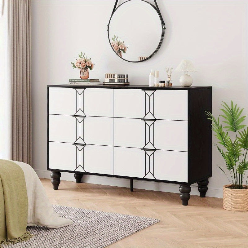 Vintage Style 6-Drawer Dresser, Modern Black and White Chest with Deep Storage for Bedroom, Living Room and Entryway