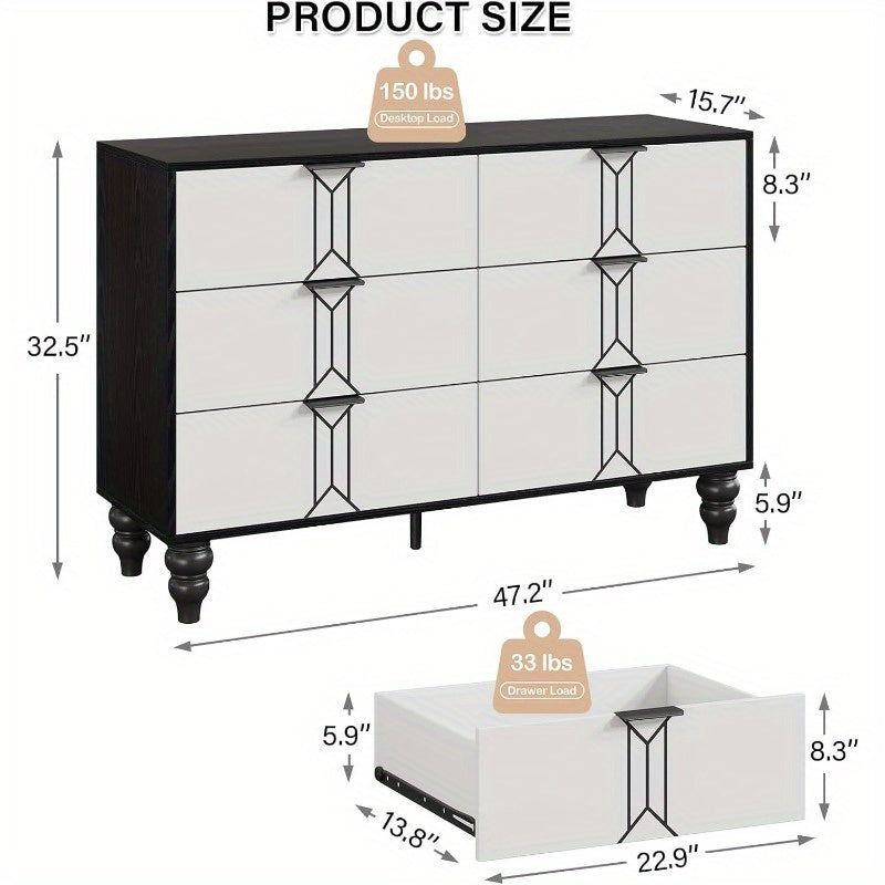 Vintage Style 6-Drawer Dresser, Modern Black and White Chest with Deep Storage for Bedroom, Living Room and Entryway