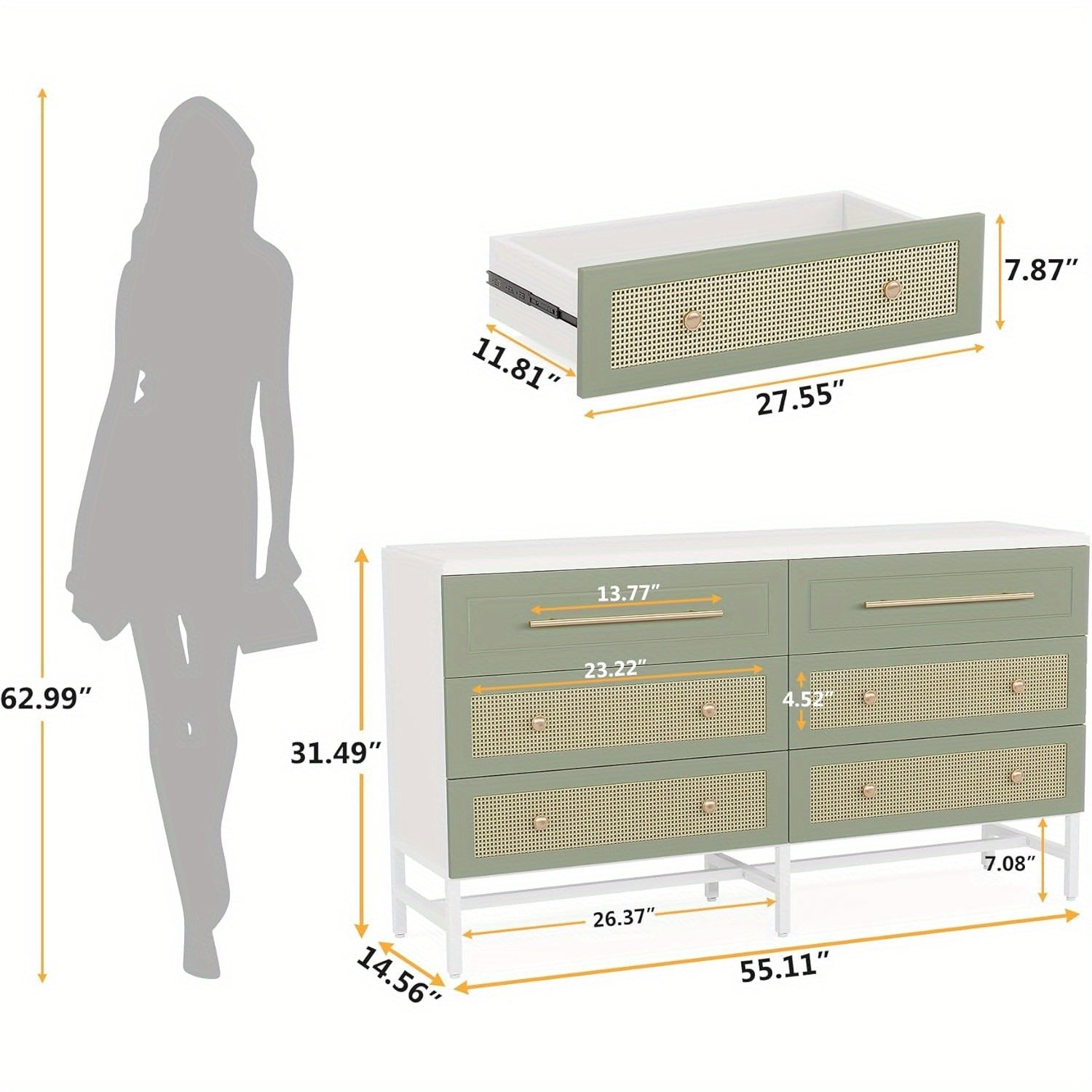 6 Drawer Dresser Modern Rattan Dresser for Bedroom 55 Inches Long Double Dresser Wood Storage Organizer Chest