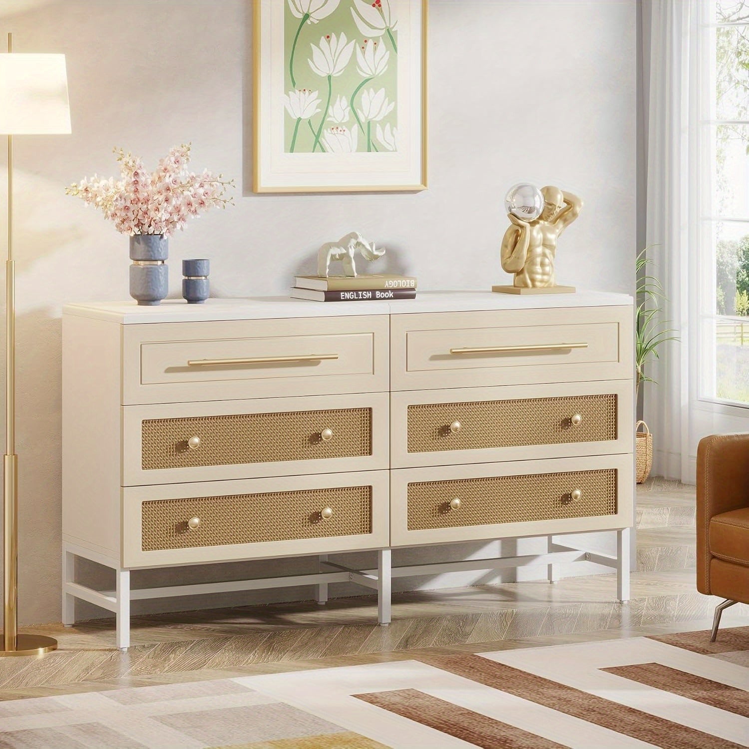 6 Drawer Dresser Modern Rattan Dresser for Bedroom 55 Inches Long Double Dresser Wood Storage Organizer Chest