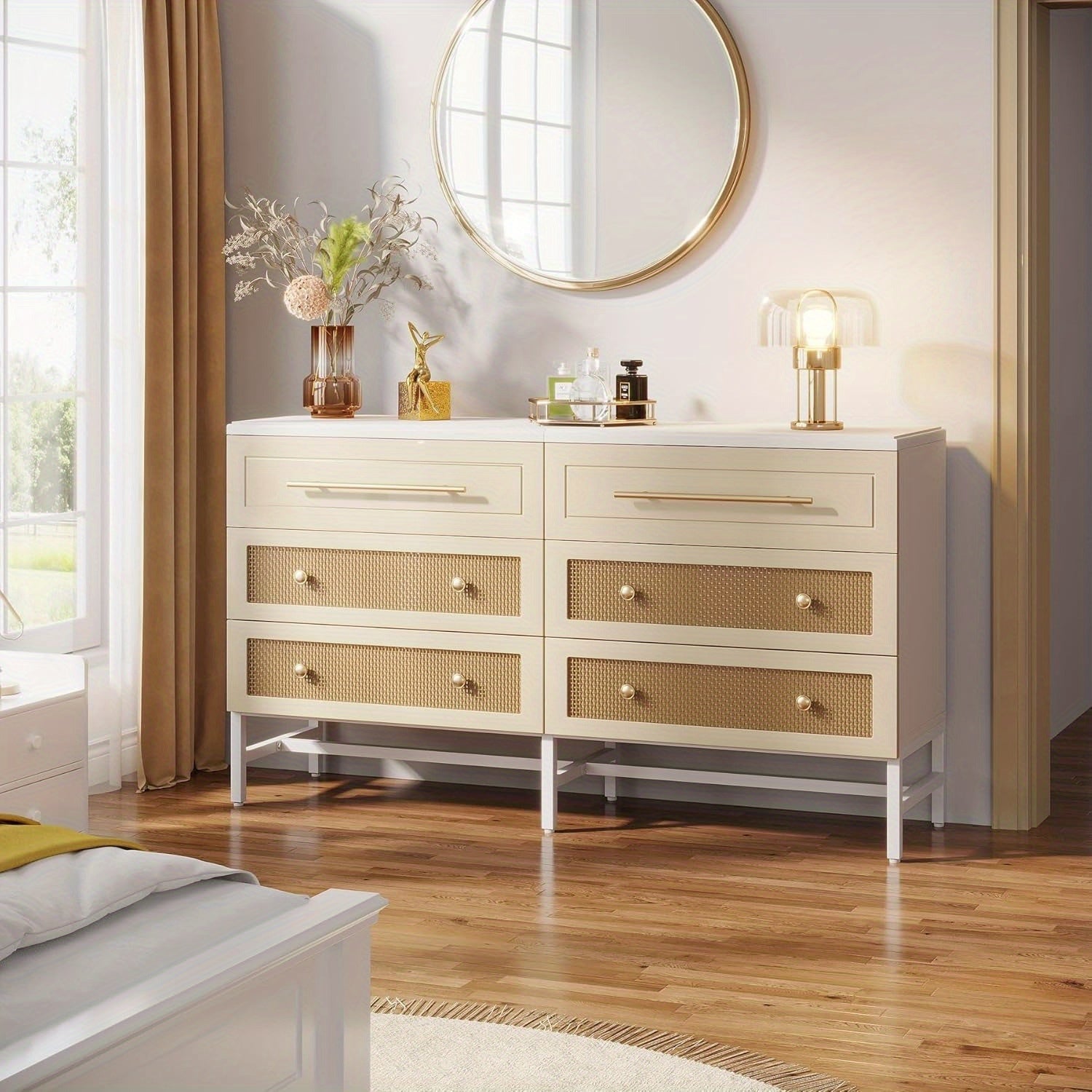 6 Drawer Dresser Modern Rattan Dresser for Bedroom 55 Inches Long Double Dresser Wood Storage Organizer Chest