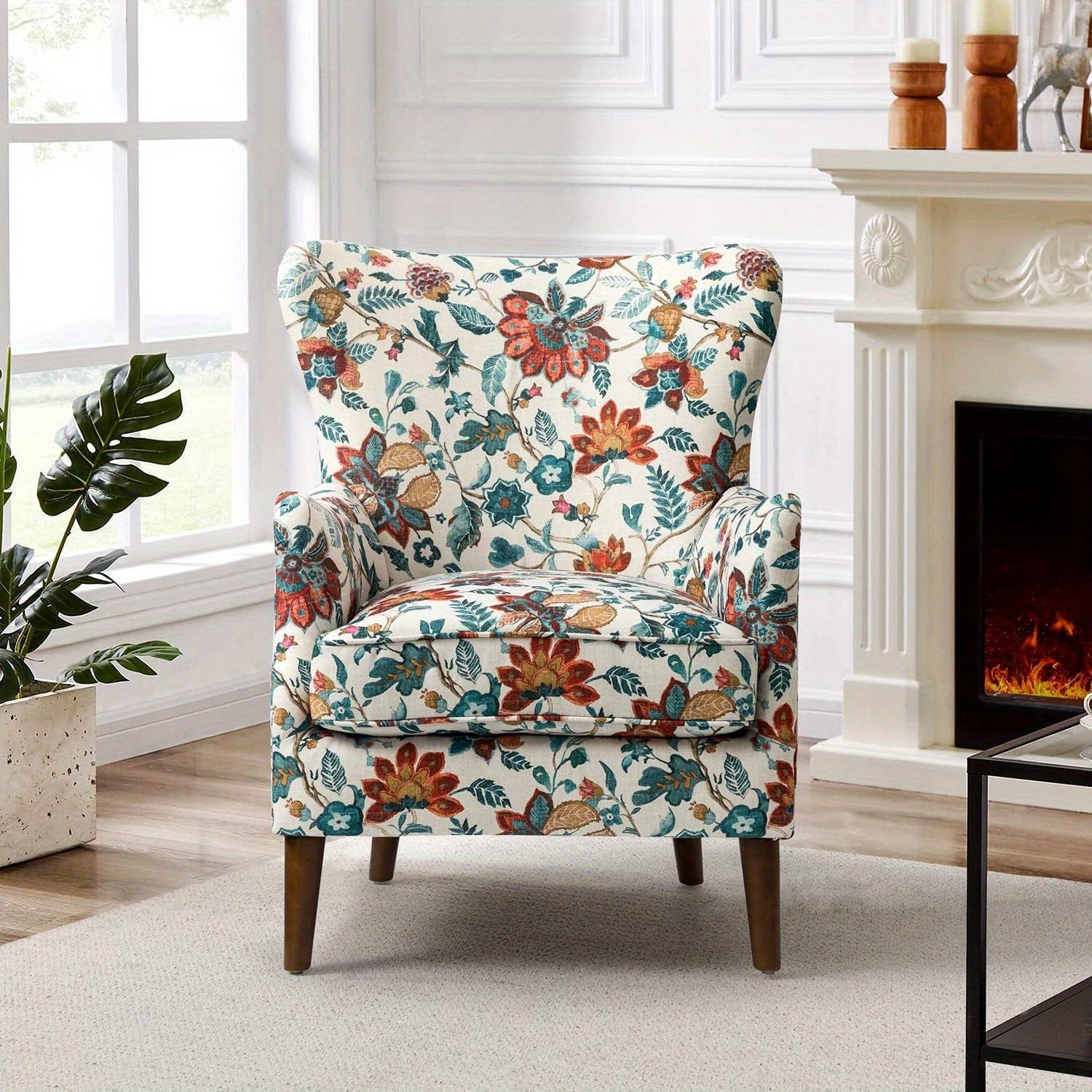 Floral Accent Chair, Wingback Chair with Arms and Solid Wooden Legs, Comfy Upholstered Armchair Single Sofa Chair for Living Room, Office