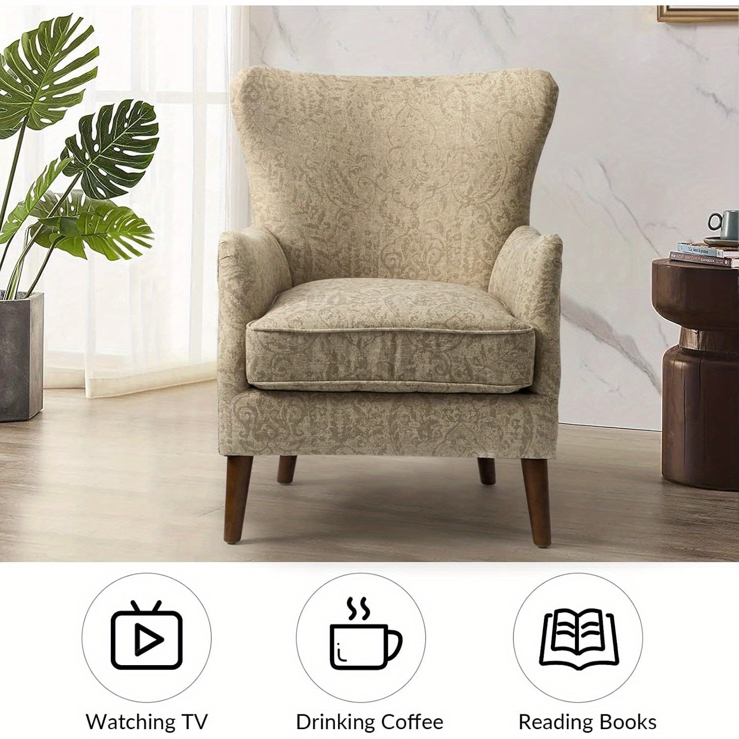 Floral Accent Chair, Wingback Chair with Arms and Solid Wooden Legs, Comfy Upholstered Armchair Single Sofa Chair for Living Room, Office