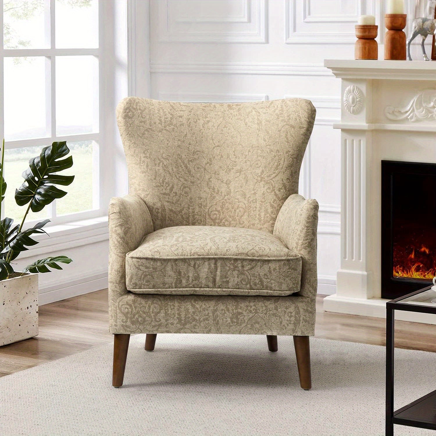 Floral Accent Chair, Wingback Chair with Arms and Solid Wooden Legs, Comfy Upholstered Armchair Single Sofa Chair for Living Room, Office