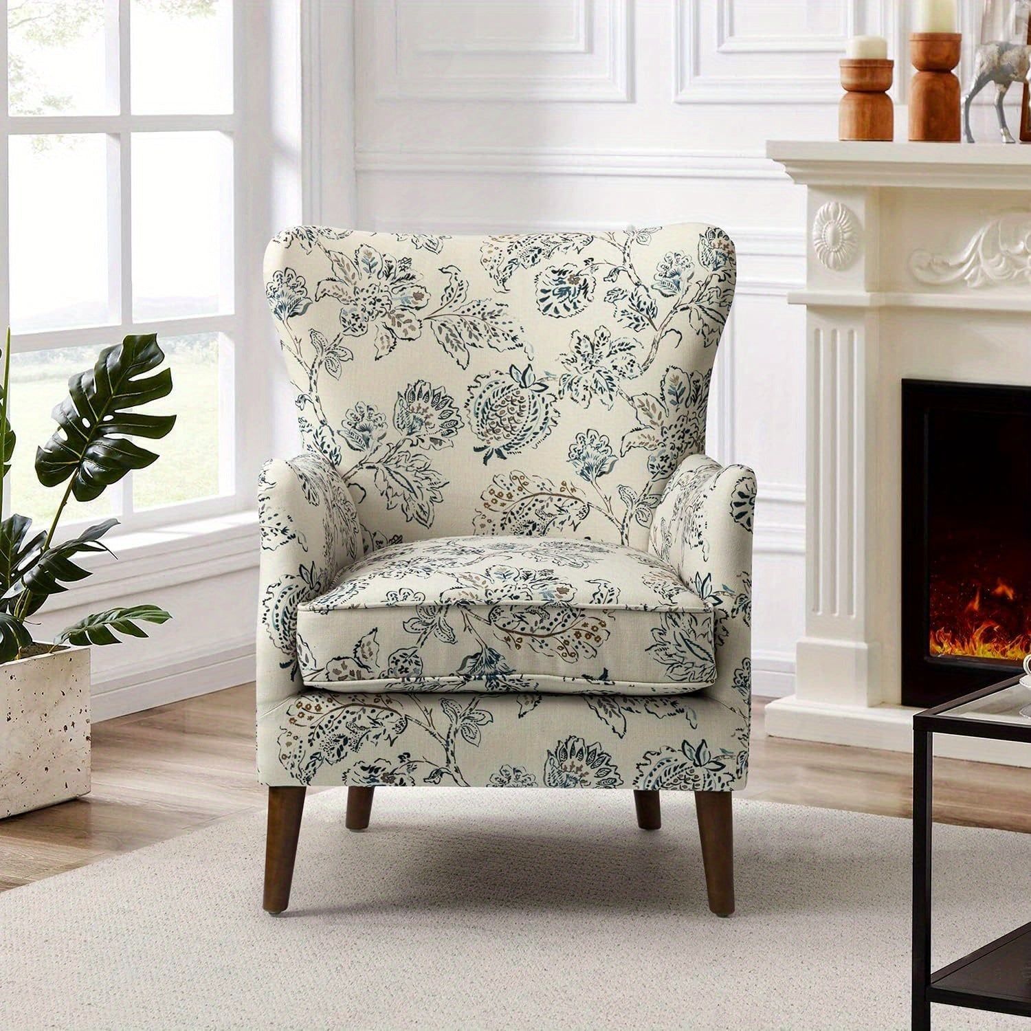 Floral Accent Chair, Wingback Chair with Arms and Solid Wooden Legs, Comfy Upholstered Armchair Single Sofa Chair for Living Room, Office